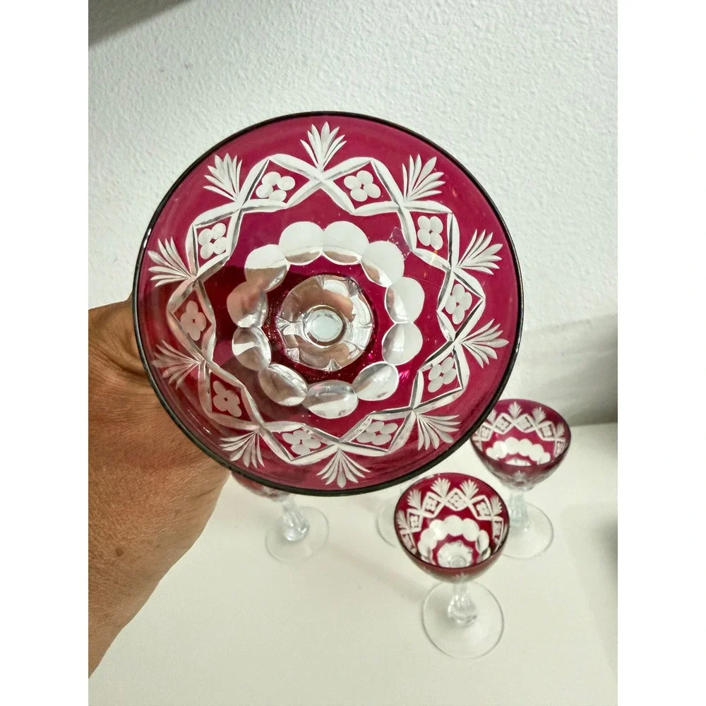 Vintage Cranberry Cut to Clear Crystal Cordial Glasses Set of 5 Ruby Red Floral